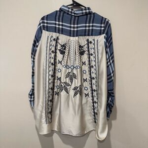 Jane And Delancey Blouse Mixed Media Button Down Embroidered Satin Boho Size S